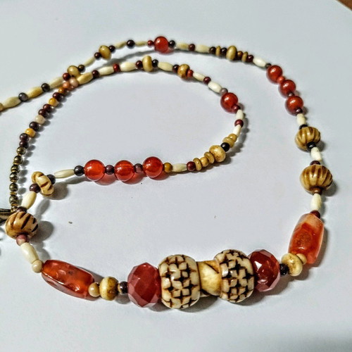 Ethnic style necklace new with carnelian and ivory beads 72-76 cm