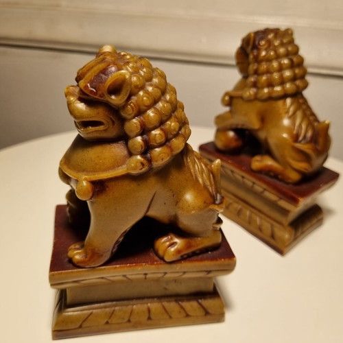 Pair of carved 1950s soapstone Foo Dogs used