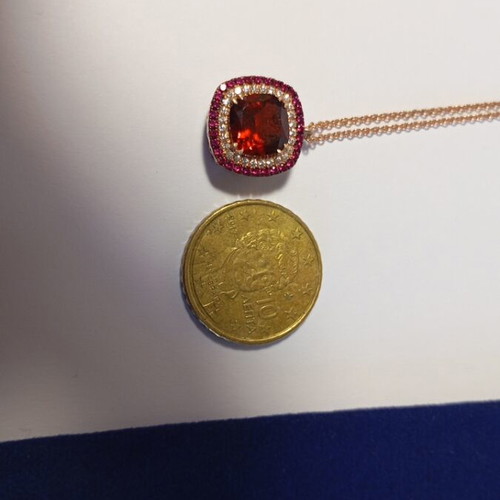 Luxury 925 silver necklace pink gold plated with 8x8 garnet and double halo zirconia new