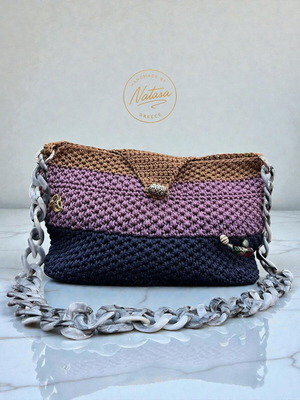 Handmade knitted shoulder bag in purple, blue and brown shades