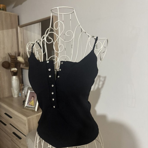 Top with decorative strass buttons, cups, and elastic straps, new, black