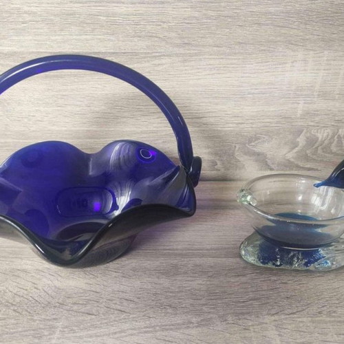 Murano crystal set used, blue basket with handle and dolphin ashtray