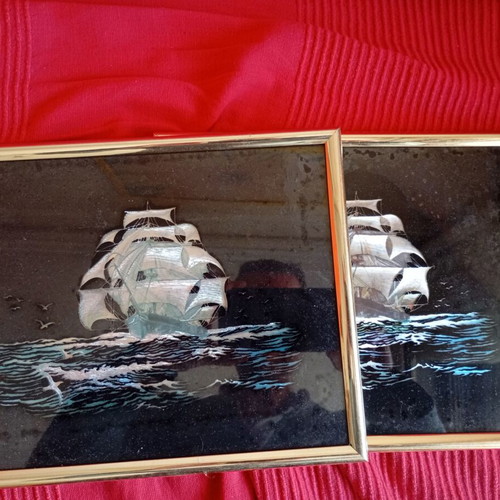 Set of gilded frames with ship embroidery background like new