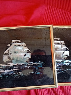 Set of gilded frames with ship embroidery background like new