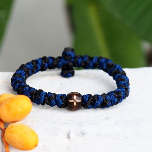 Komboskini bracelet with wooden bead, new, black and blue