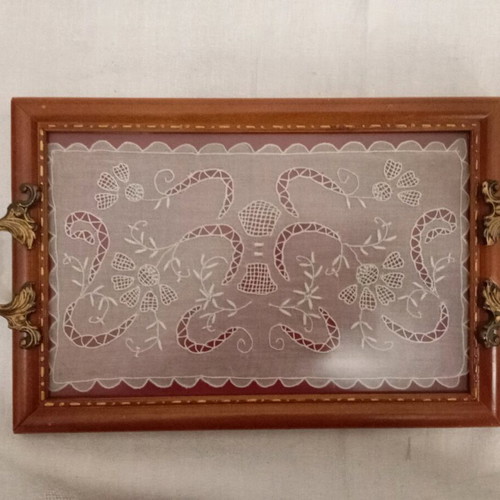 Serving tray like new with handmade embroidery, Greek traditional craft