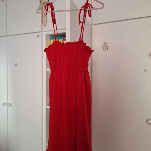 Red dress with smocked top and adjustable straps, size M