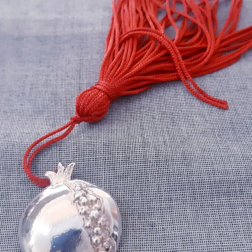 Silver pomegranate charm with red silk tassel, 925 silver, handmade
