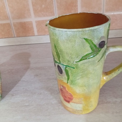 Handmade decoupage glass pitcher with olive design