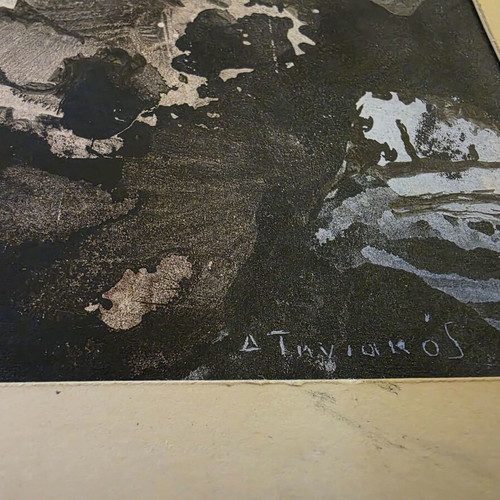 Painting Dimitris Tiniakos like new, Chinese black ink and color, Cyclades landscape
