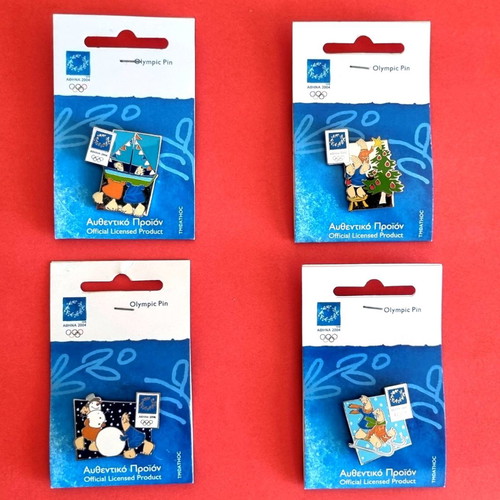 Olympic pin badges Athens 2004, pack of 4, new, mascot Christmas 2002 theme