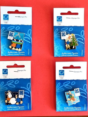 Olympic pin badges Athens 2004, pack of 4, new, mascot Christmas 2002 theme