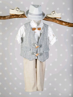 Baptism outfit new linen and cotton with straw hat and wooden bow tie
