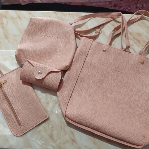 Pink synthetic leather bag set new, 4 pieces