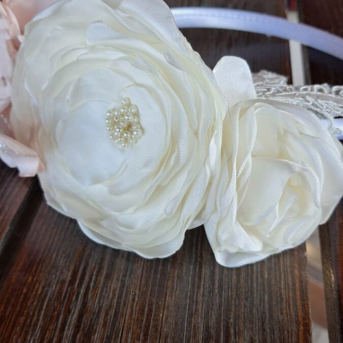 Handmade white headband with satin flowers and pearls new