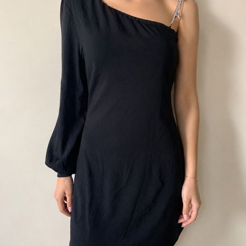 Patrizia Pepe dress M like new, black one shoulder with golden chains