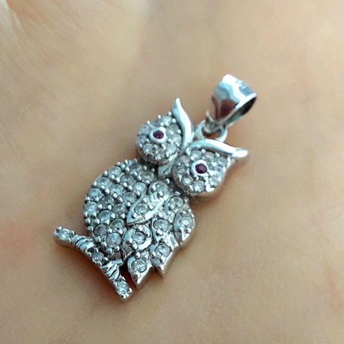 Silver owl pendant with white and ruby zirconia, new