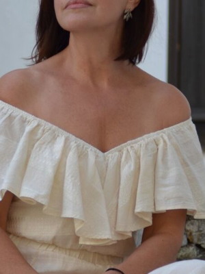 Crop top нов с къдри, памучен, размер S, цвят екрю
