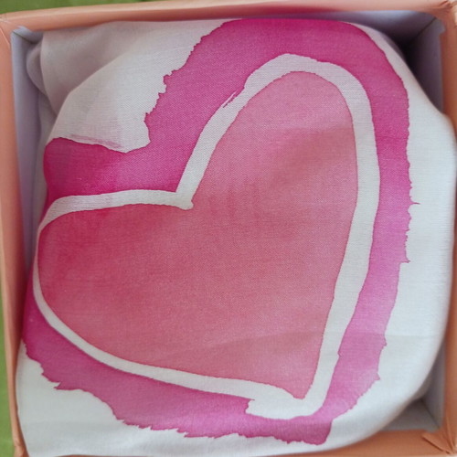 Silk scarf handmade with painted hearts, new