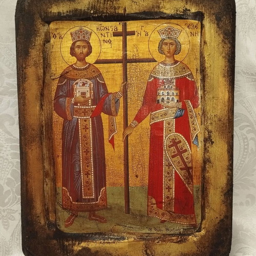 Handmade aged icon of Saint Constantine and Saint Helen new