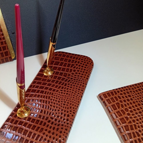 Luxury desk set in genuine leather, 6 pieces, croco print