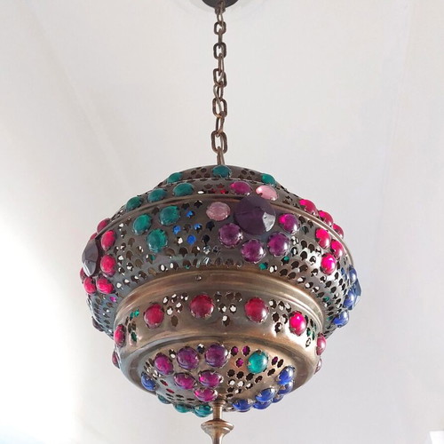 Moroccan vintage handmade lamp from brass and colored glass like new