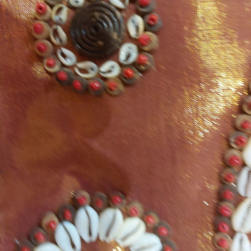 Handmade summer handbag in like new condition with shells and wooden handle orange