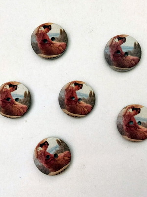 Wooden decorative floral buttons with romantic girl nature design, new, set of 6
