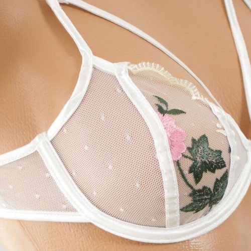 Three-Piece Lingerie Set New with Lace and Sheer Mesh in White and Pink