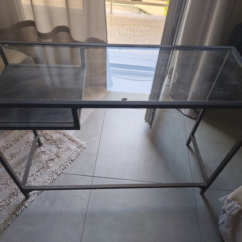 Iron side table with shatterproof glass like new