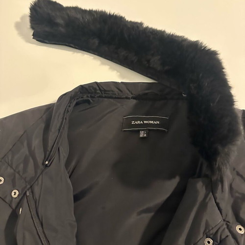 Zara Long Black Coat With Detachable Fur Collar Like New Size L