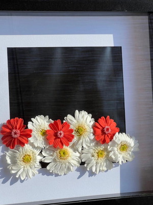 Elegant preserved flower art with white gerbera and orange zinnia new