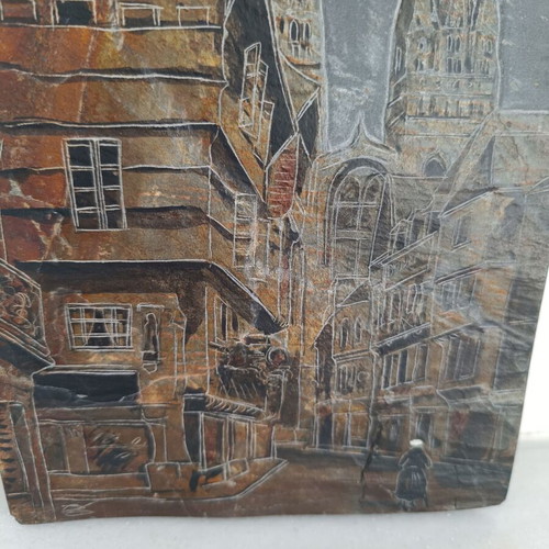 Decorative slate plaque with handmade engraving, French urban scene, like new