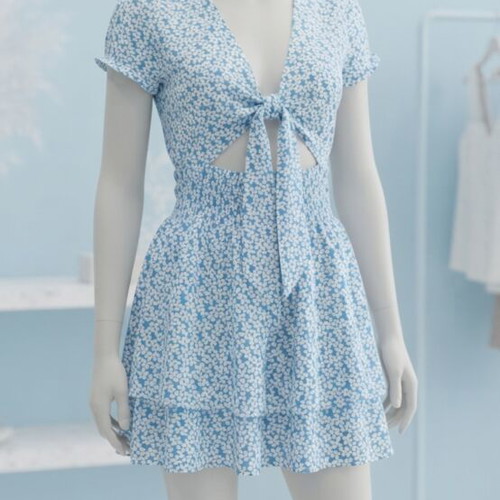 Summer dress with blue floral pattern