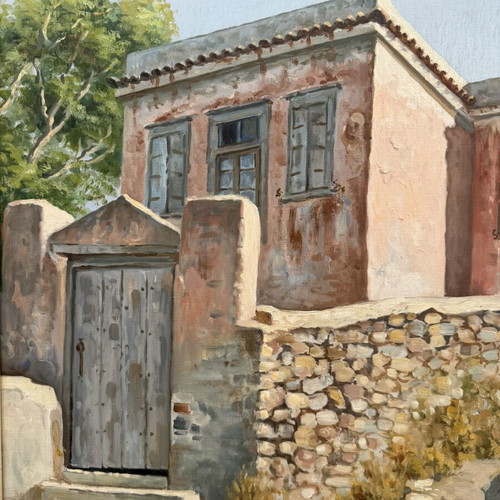 Oil painting by Antonios Voumbakis used, traditional Aegean house