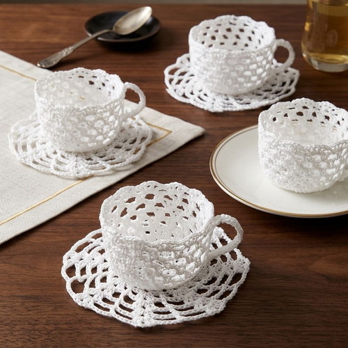 Set of 4 Handmade Crochet Cups with Saucers, new, vintage table decor
