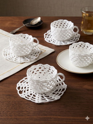 Set of 4 Handmade Crochet Cups with Saucers, new, vintage table decor