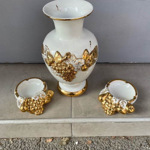Porcelain vase gilded like new with grape designs and two ashtrays