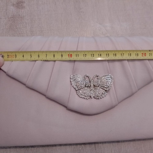 Vintage evening bag like new, gray-beige with butterfly ornament