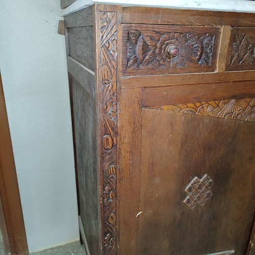 Carved antique buffet used with marble top and mirror