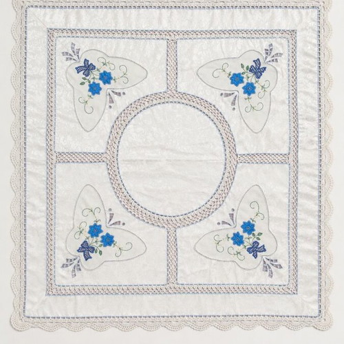 Vintage embroidered tablecloth 80x80 cm satin texture with lace and blue flowers