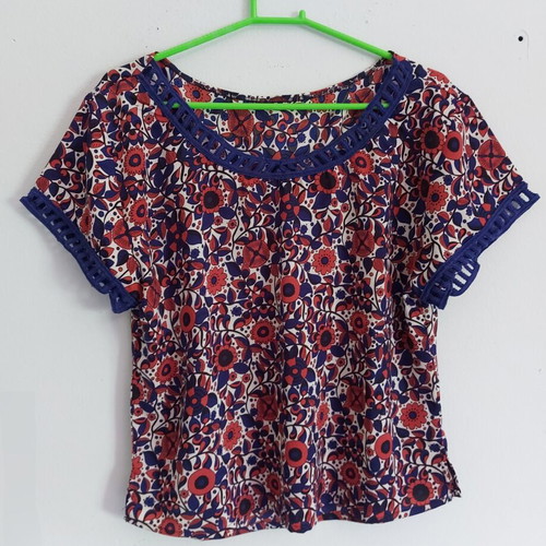 Blouse used, size S, thin fabric with blue trim on sleeves and neck