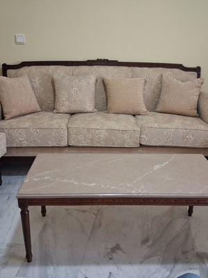 Neoclassical solid walnut living room set with marble tables