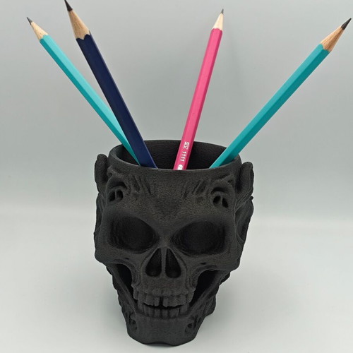 Skull Pencil Holder 3D Printed Black Matte PLA