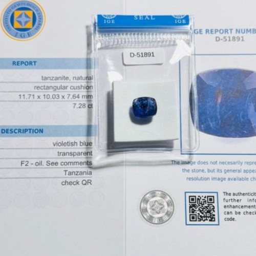 Tanzanite 7.28 carat emerald cut new with IGE certification