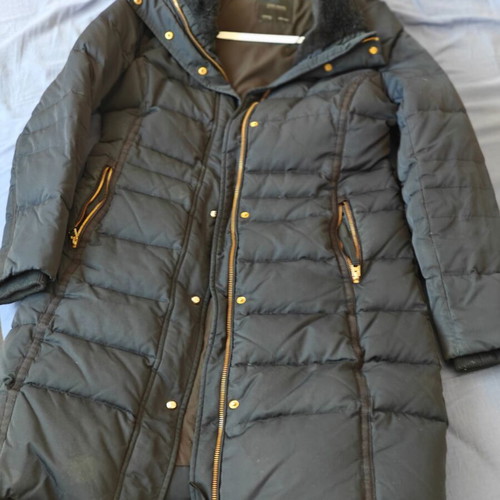 Zara women's jacket large blue black used, long, down-filled