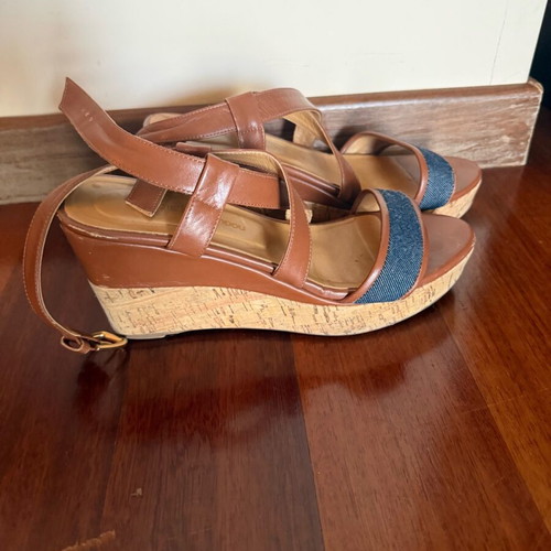 Kalogirou leather platform sandals used, tan with denim detail