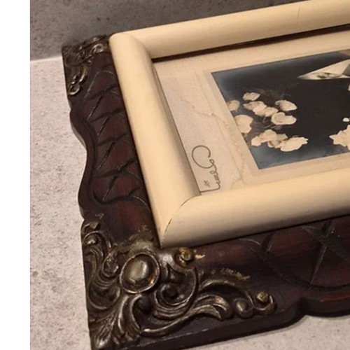 Large Vintage Photo Frame with Beautiful Wood Carving, Dark Wood