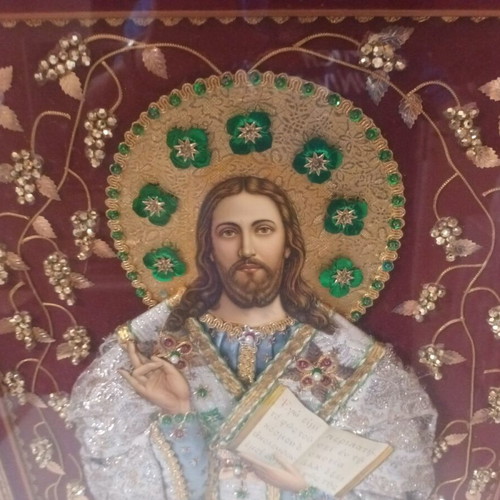 Christ image handmade with gold thread, velvet and silk, like new