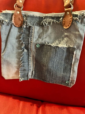 Handmade boho denim shoulder bag with leather handles